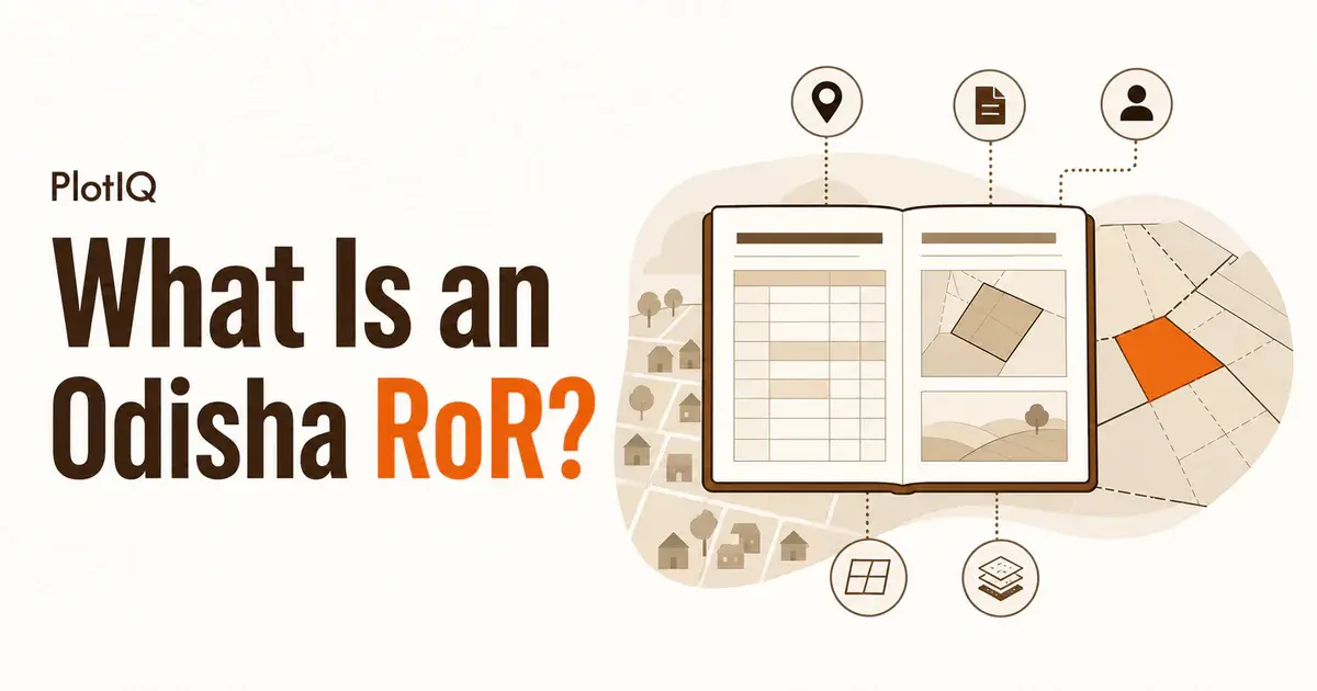 Diagram showing an Odisha RoR connected to location, tenant, plot, and land-classification details.