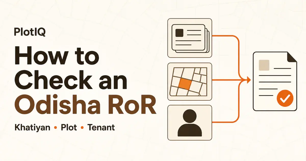 Khatiyan, plot, and tenant search paths leading to a checked Odisha RoR document.
